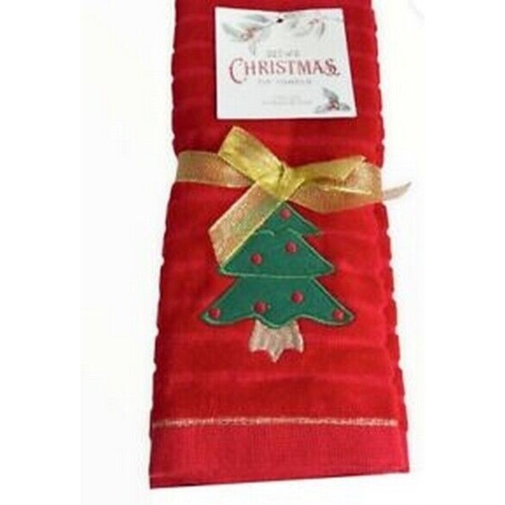 Christmas Tree Fingertip Towels Red Green Embroidered Guest Holiday Set of 2
